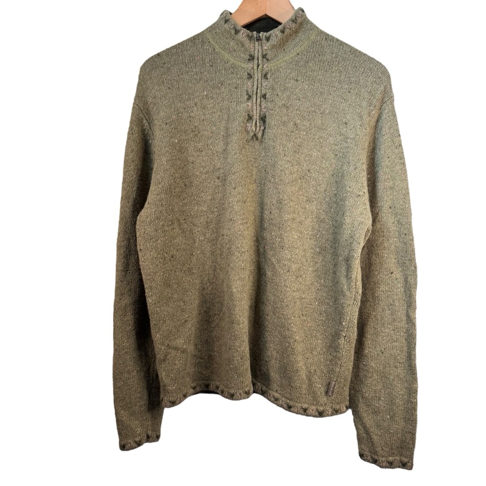 Woolrich VTG 1/4 Zip Sweater Large Embroidered Green Willow Heather Wool Blend